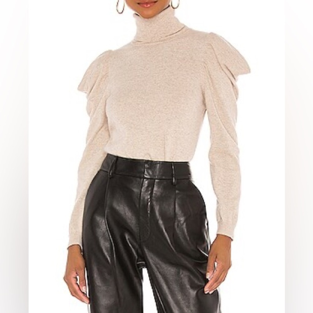 MISA Los Angeles Gabriela Puff Sleeve Cashmere blend Sweater Tan Size Small